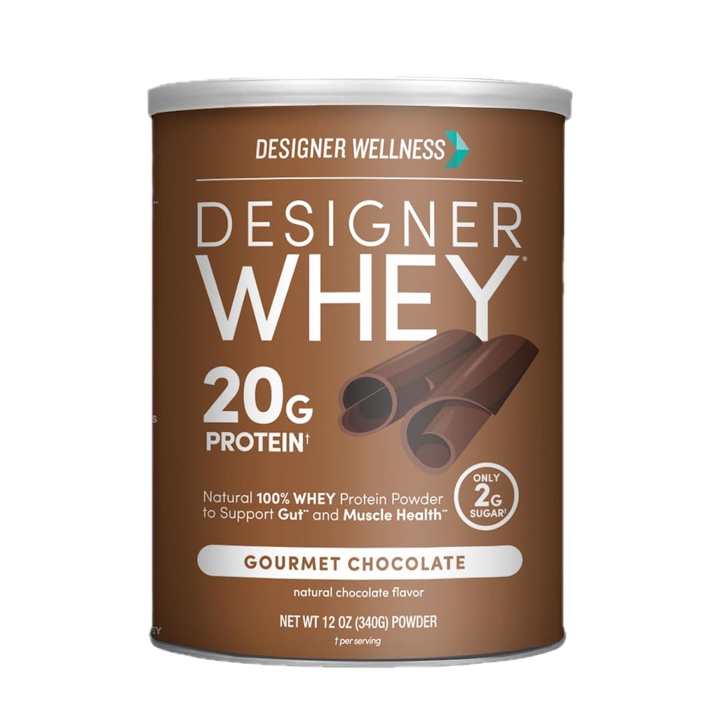 Designer Wellness, Designer Whey, Natural Whey Protein Powder con probióticos, fibra y clave B-Vitamins for Energy, Gluten-Free, Gourmet Chocolate, 12oz