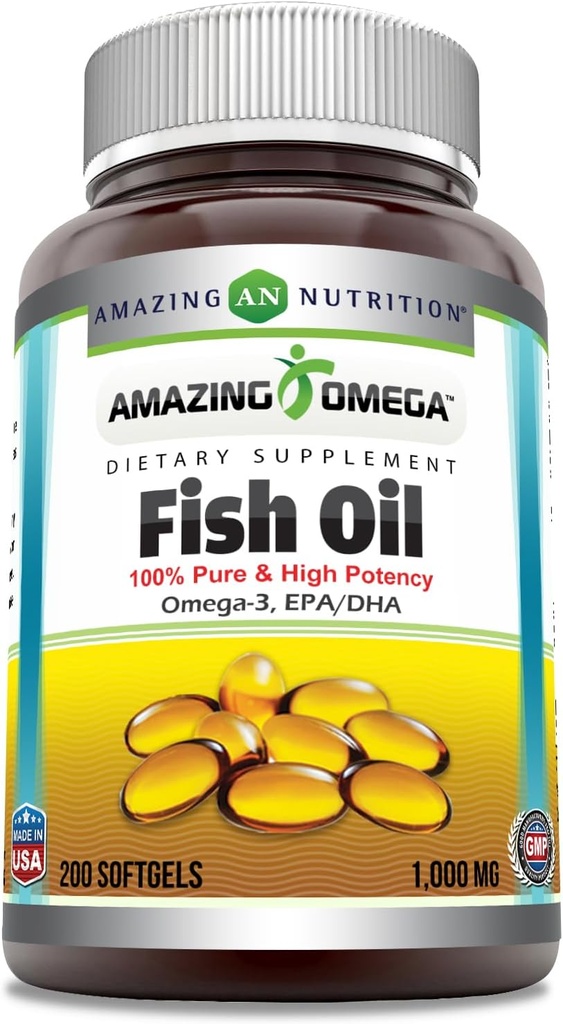 Increíble aceite de pescado de Omega 1000 mg Suplemento de Softgels TENGA-3, 180 mg EPA. 120 mg DHA TENIDO alta potencia (200 conteo)