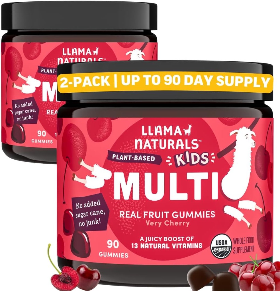 Llama Naturals Niños Gummies multivitamínicos, Vegan, Orgánica con Vitamina D, C & K, Vitaminas de Gummy de Fruto Real Toddler, Suplemento Chewable, Multivitamínico de Alimentos enteros, No Añadido caña de azúcar, cereza, 2 Pk