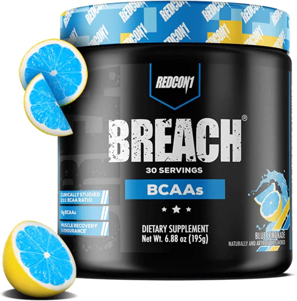REDCON1 Breach BCAAs, Blue Lemonade - Keto Friendly + Sugar Free Essential Amino Acids for Recovery - Contiene BCAAs L-Leucine, L-Isoleucine & L-Valine (30 Servimientos)