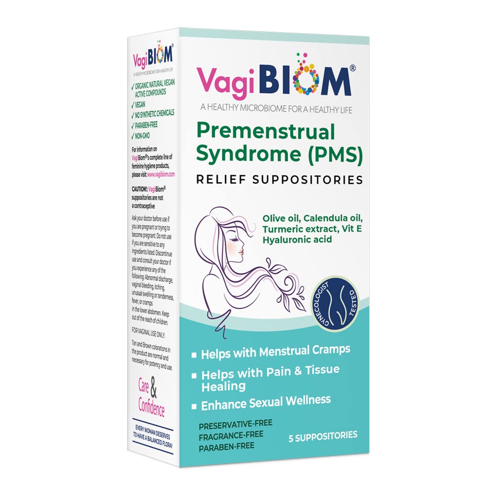 VagiBiom Menstrual Relief Suppositories (5 Supositorios) con Calendula Oil, Cocoa Butter, Turmeric y VIT E que ayuda con el cramp de período, Mood Swings. Sanación de tejidos. USA Made, Vegan, sin hormonas