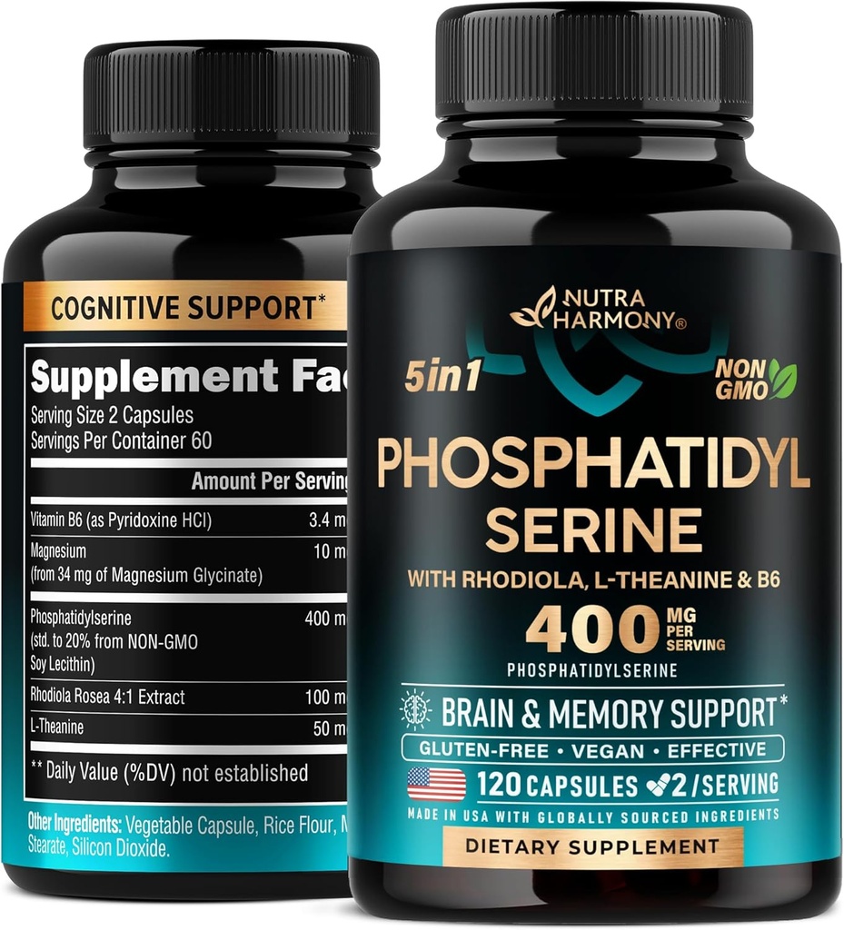 Phosphatidylserine 400 mg con L-Theanine, Magnesium & Vitamin B6, Rhodiola Rosea - Brain, Memory & Focus Support - Certified Non-GMO, Naturally Derived & Bioavailable - Made in USA - 120 Сapsules