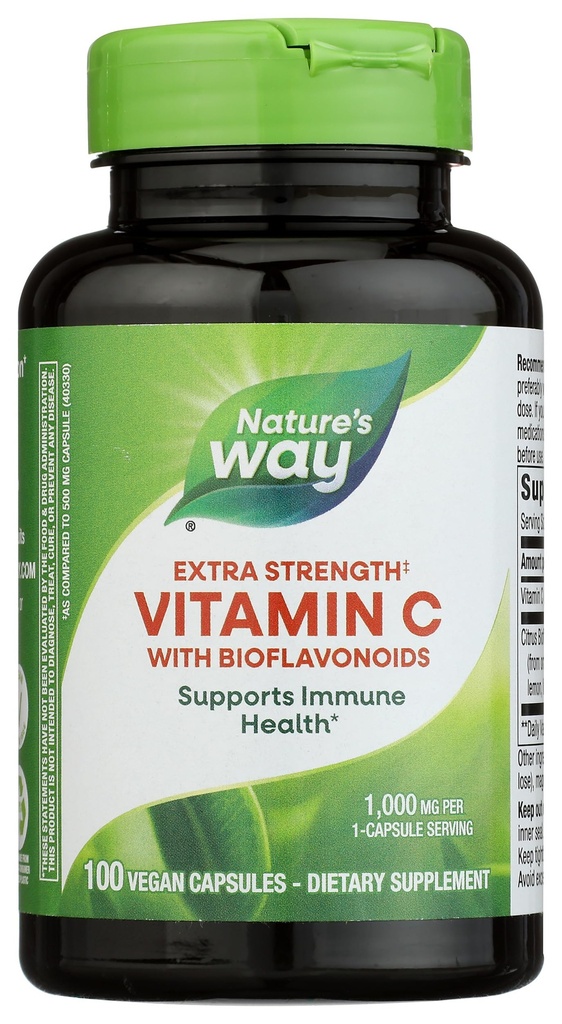 Vía de la naturaleza Extra Strength(1) Vitamina C con Bioflavonoides, apoya la salud inmunitaria*, promueve la producción de colágeno para la piel sana*, 1.000 mg por cápsula, 100 cápsulas veganas (paquete mayo Vary)