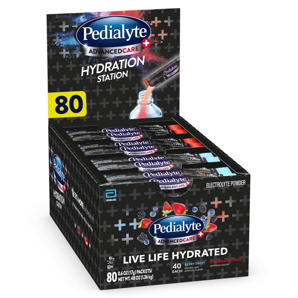 Pedialyte AdvancedCare Plus Electrolyte Powder, tiene 33% más Electrolytes y PreActiv Prebiotics, Hydration Station Variety, 80 Powder Packets