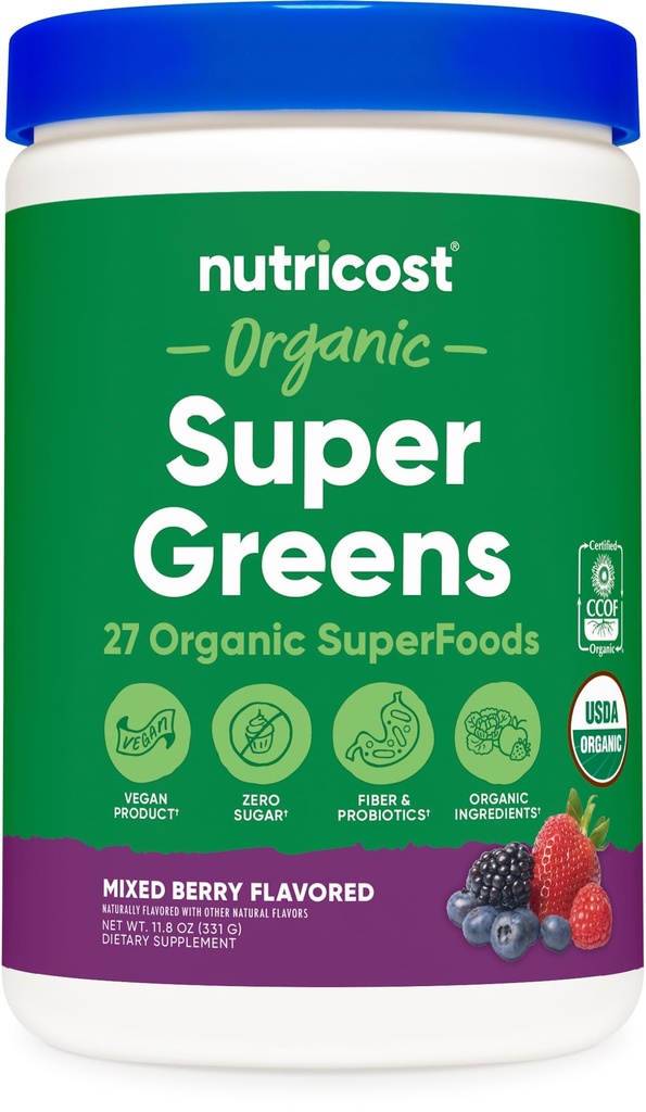 Nutricost Organic Super Greens Powder (30 Servimientos) Mixed Berry Flavor - Superfood Supplement Drink Mix
