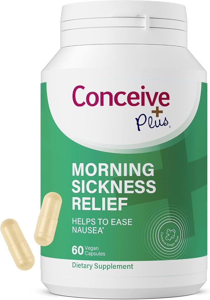 CONCEIVE PLUS Morning Sickness Relief - Pure Dried Ginger Powder - Alivio de Nausea, Motion & Stomach Incomodidad durante el embarazo - Esencial para las mamás esperadas - No GMO - 60 cápsulas Vegan