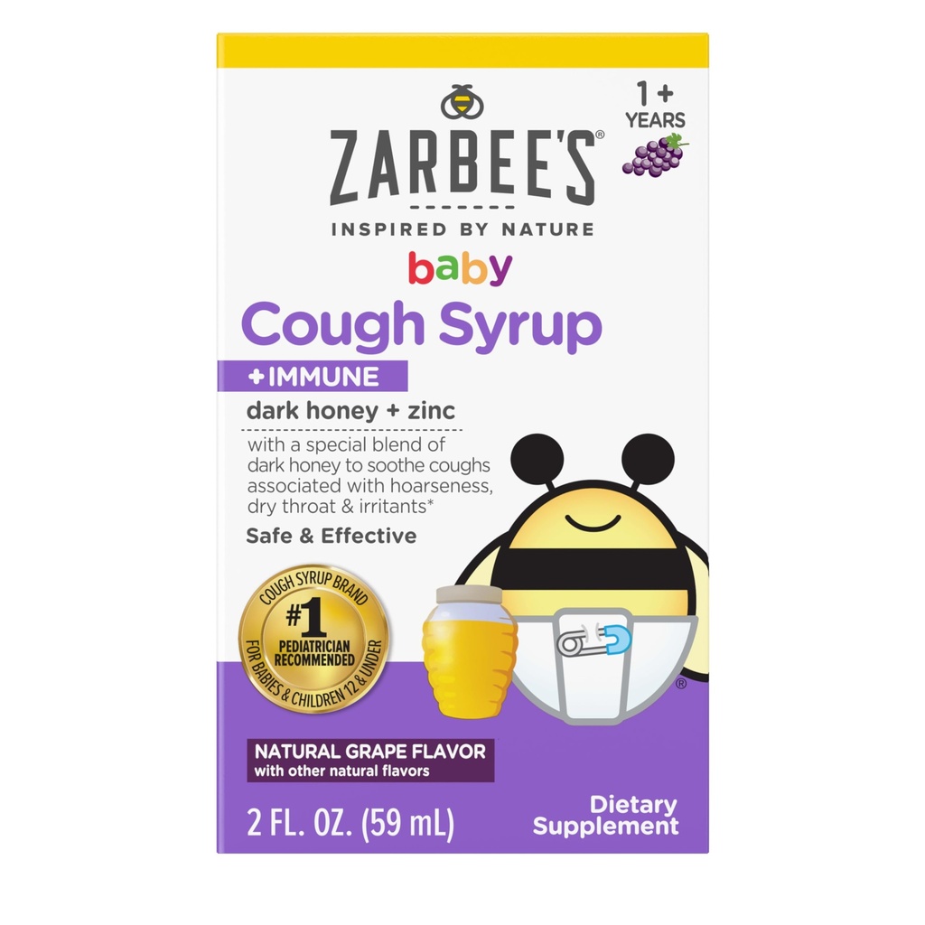 Zarbee's Baby Honey Cough Syrup + Immune for Babies 12-24 Months, Safe & Effective Cough Syrup with Soothing Dark Honey & Zinc for Immune Support*, Drug &amp; Alcohol-Free, Grape, 2 fl. Oz