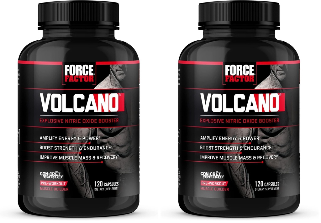 Volcán de Factor de Fuerza Pre Workout Nitric Oxide Booster Suplemento para Hombres con Creatina y L-Citrulline para Boost y Energía, Ayuda a construir músculo, mejor bomba y entrenamiento, 120 cápsulas (Pack de 2)