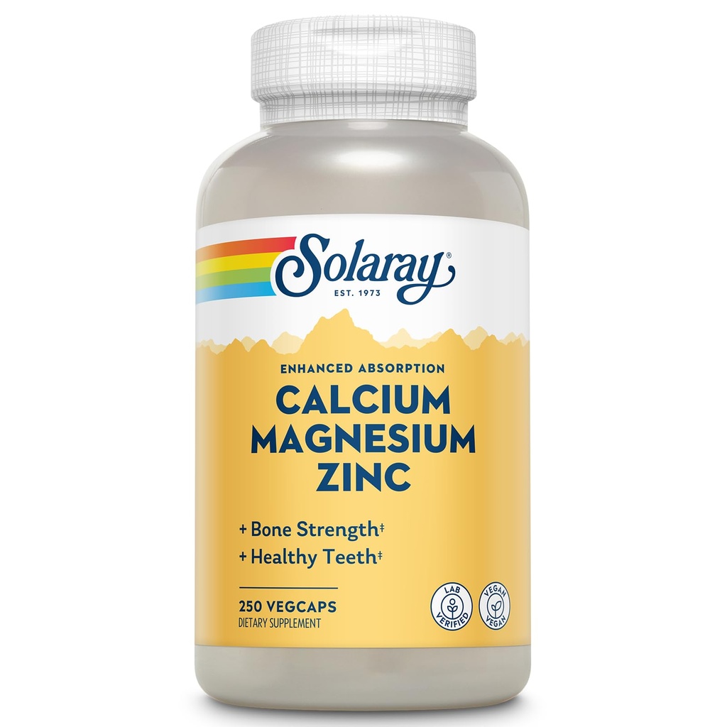 SOLARAY Calcio Magnesio Zinc Suplemento - con Calcio 1000mg, Magnesio 500mg - Hueso Salud, Función Musculo, Salud del Corazón y Soporte Inmunitario - Vegan, 60 Días Garantía, 62 Servimientos, 250 VegCaps