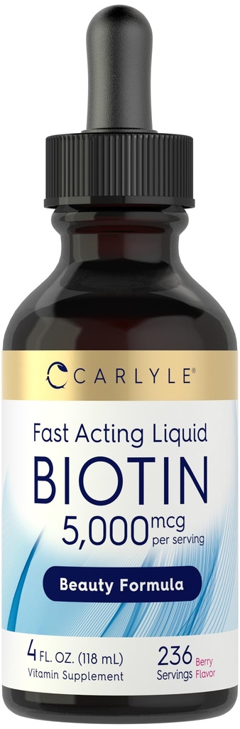 Carlyle Biotin 5000mcg Líquidas gotas Silencio 4 fl oz Silencio para Mujeres y Hombres Silencio Berry Flavor ← Belleza Fórmula Anterior Vegetariano, No GMO &amp; Gluten Suplemento Gratis