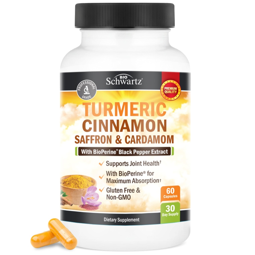 Suplemento Turmérico con Saffron, Cinnamon y Cardamom Plus BioPerine Black Pepper Extracto de Absorción Optimal, Natural Tumeric Curcumin Joint Support Suplemento para Mujeres y Hombres, 60 cápsulas