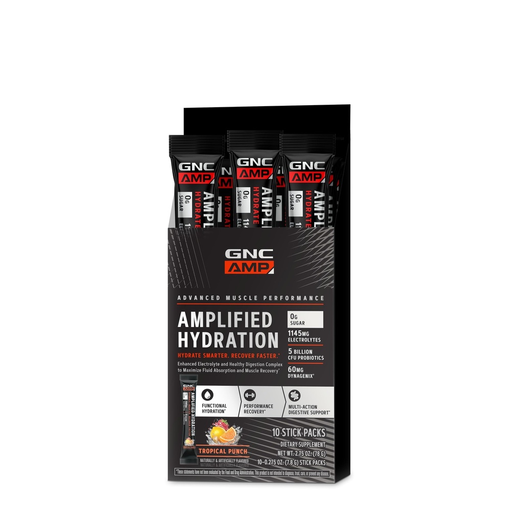 GNC AMP Amplificado Hydration Electrolyte Powder Drink Mix  Enhanced Electrolyte &amp; Healthy Digestion Complex ← Tropical Punch  10 count