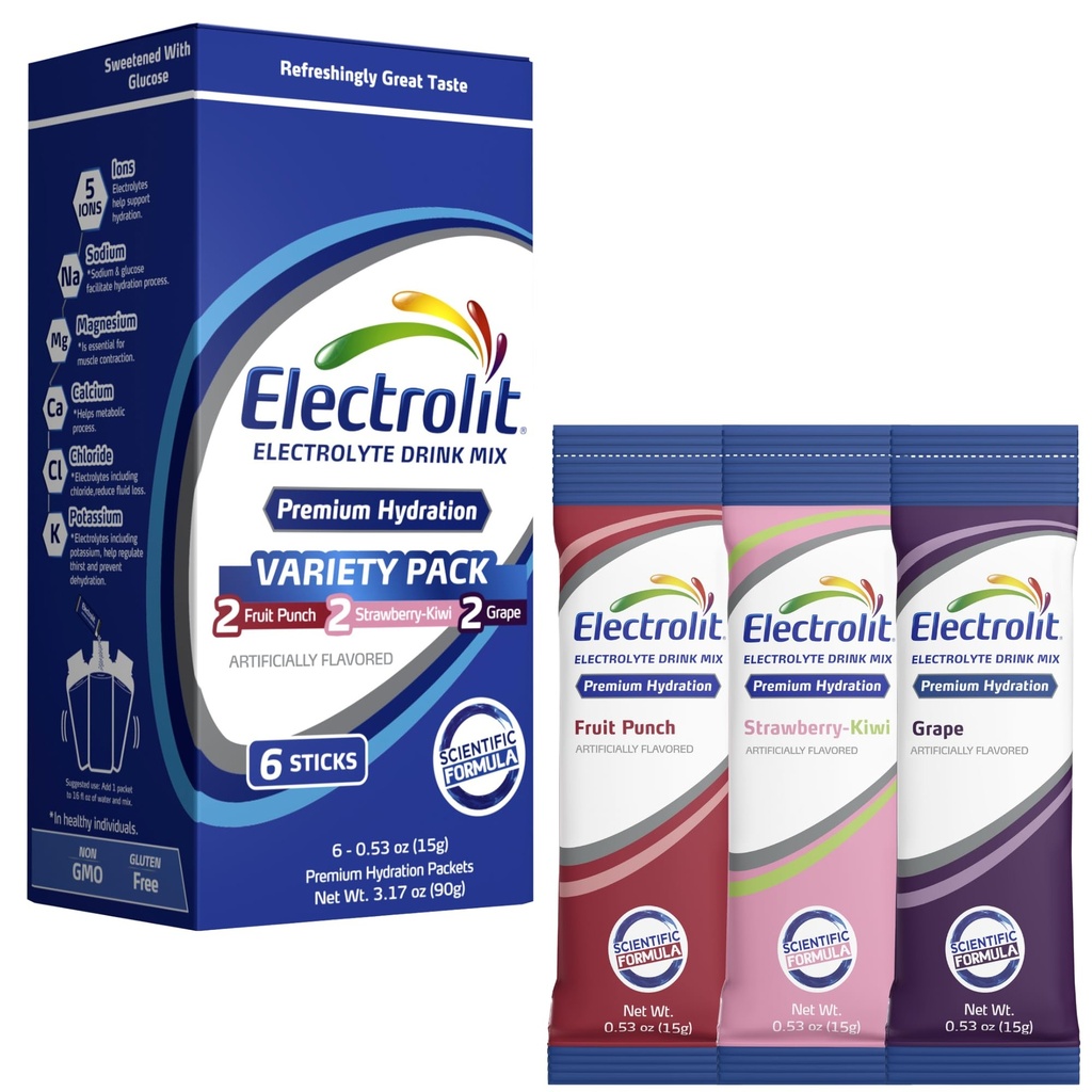 Electrolit Electrolytes Packets de polvo, Variedad 8 Pack, Powdered Hydration Packets for Dehydration " Rehydration, Post Workout Flavored Hydrating Drink Mix, Gluten Free Water Enhancer Sticks