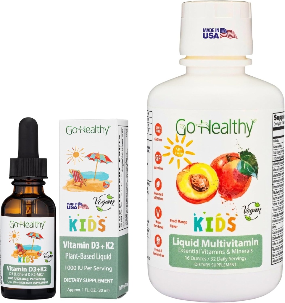 Go Healthy Multivitamin Liquid (1 Bottle) and Vitamin D3 K2 Drops (1 Bottle) for Kids, Toddlers, Teens, Vegan y Vegetarian, Gluten Free, Non-GMO Bundle