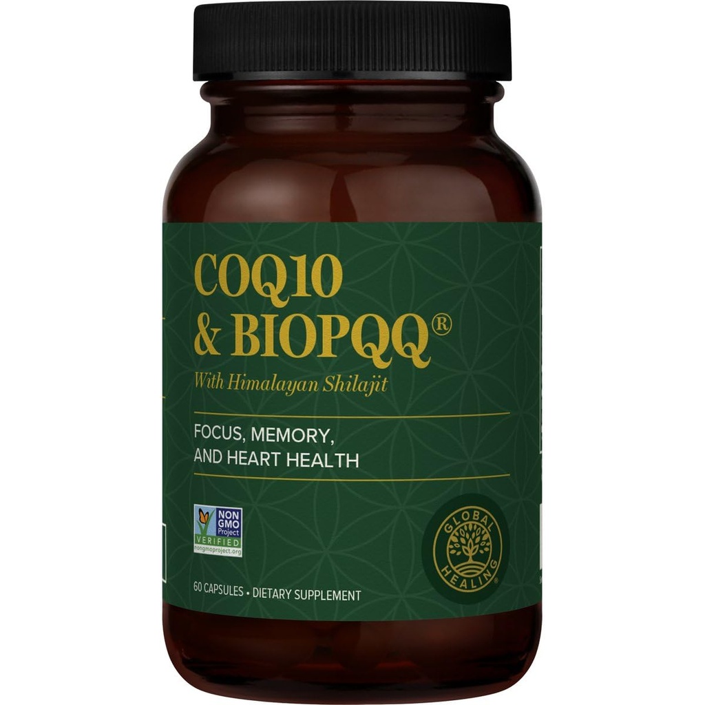 Global Healing Center CoQ10 " BioPQQQ with Pure Himalayan Organic Shilajit-Antioxidant Care for Heart " Brain Health,Mitochondria Energy Optimizer for Men " Women-Coenzyme Ubiquinone 150mg, 60 cápsulas