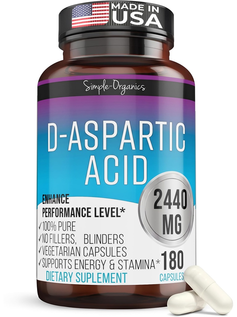 Kaibro Nutra D-Aspartic Acid Supplement for Men, 2440mg D-Aspartic Acid per Serving, Energy ' Testosterone Support, Gluten-Free Non-GMO, 180 Vegan Capsules