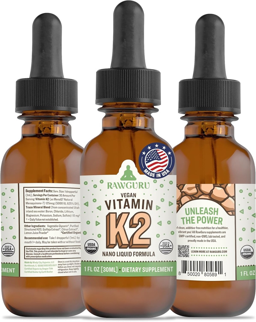Suplemento RawGuru Vitamina K2 - Vitamina Vegana Orgánica K2 MK7 con Minerales Trace - Antioxidante Nano Procesado &amp; Complemento de Apoyo Inmunitario Tintura - 30 Servimientos de gotas Veganas por 30 ml, Pack de 1