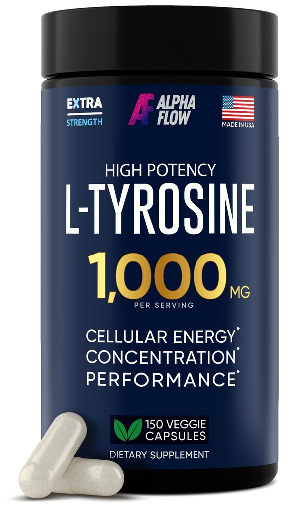 Alpha Flow L Tyrosine 1000MG Capsules - Suplemento de Tirosina L All-Natural para Focus &amp; Energy Boost - No Gluten-Free - Vegan 150 Caps - 500mg x 2 per Serving