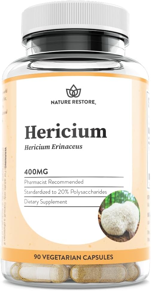 Restauración de la naturaleza Hericium Erinaceus Extract Mushroom Suplemento, 90 cápsulas, 20% polisacáridos