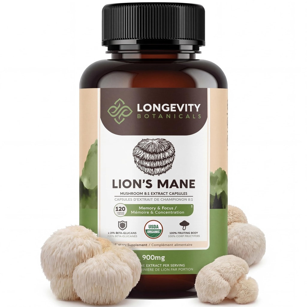 Organic Lions Mane Supplement Capsules (120) Silencio Pure Fruiting Body 8:1 High Strength Mushroom Extract ← 20% Beta-D Glucans latitud 7,200mg Raw Equivalent Por Serving  Focus, Memory, Gut &amp; Brain Support
