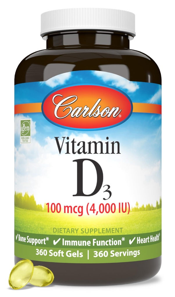 Carlson - Vitamina D3, 4000 UI (100 mcg), Bone & Immune Health, Cholecalciferol Suplemento, Gluten Free Vitamin D Capsules, 360 Softgels