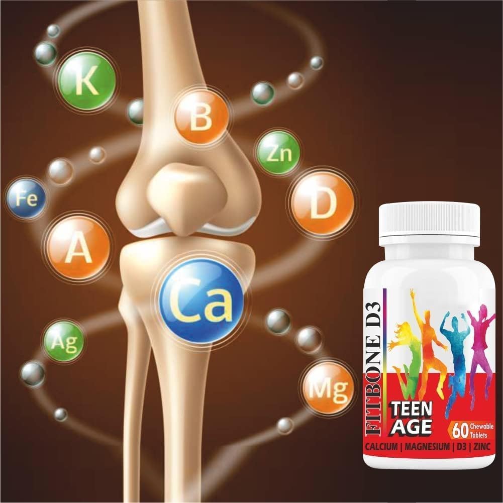Minton Well-C Fitbone d3 Calcium for Kids Teenagers with Magnesium Zinc Vitamin D and B12 for Strong Bones ¦ Immunity ANTE Crecimiento TENIDO Altura (10-16 años)-60 Chewable Tablets