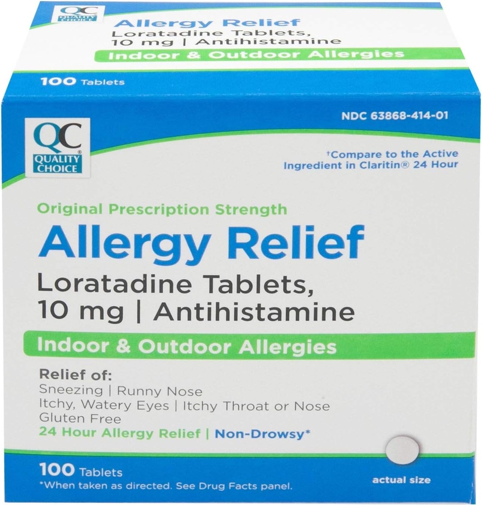 Quality Choice 24 Hour Allergy Medicine, Non-Drowsy Relief for Indoor & Outdoor Allergies, Loratadine 10mg Antihistamine, for Relief of Sneezing, Runny Nose, Itchy & Watery Eyes, 100 Count