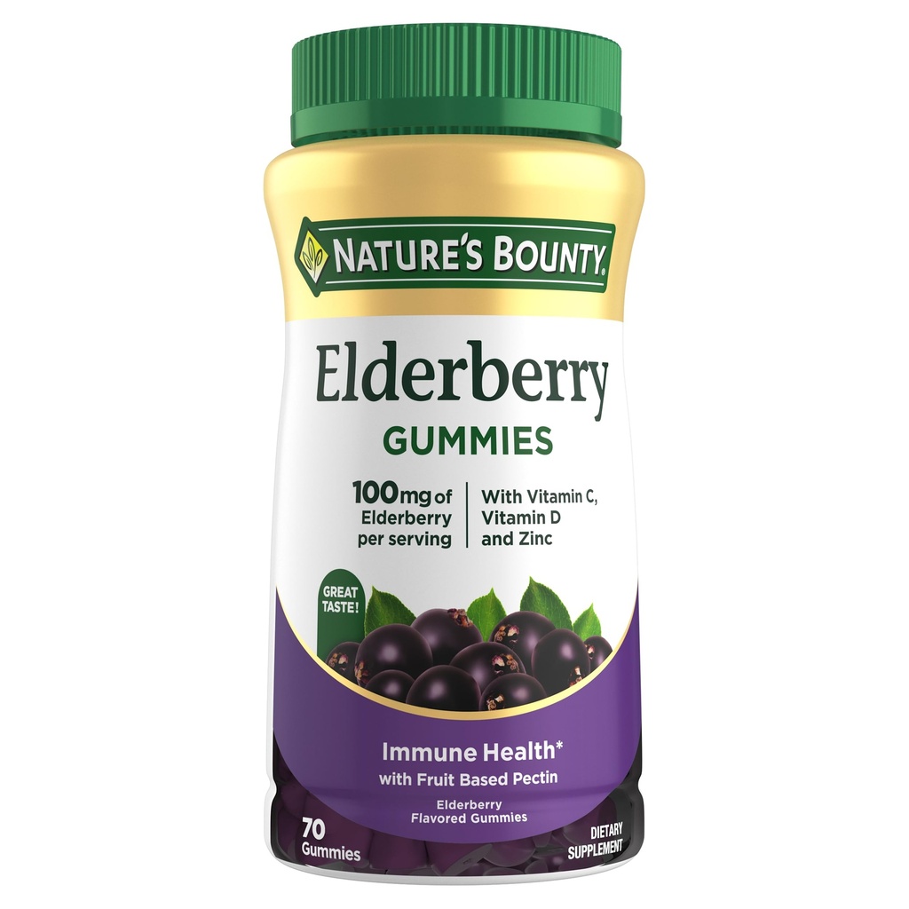 Bounty Elderberry Gummies, Suplemento dietético, soporta la salud inmune, contiene vitamina A, C, D, E y Zinc, 100 mg, 70 Gummies