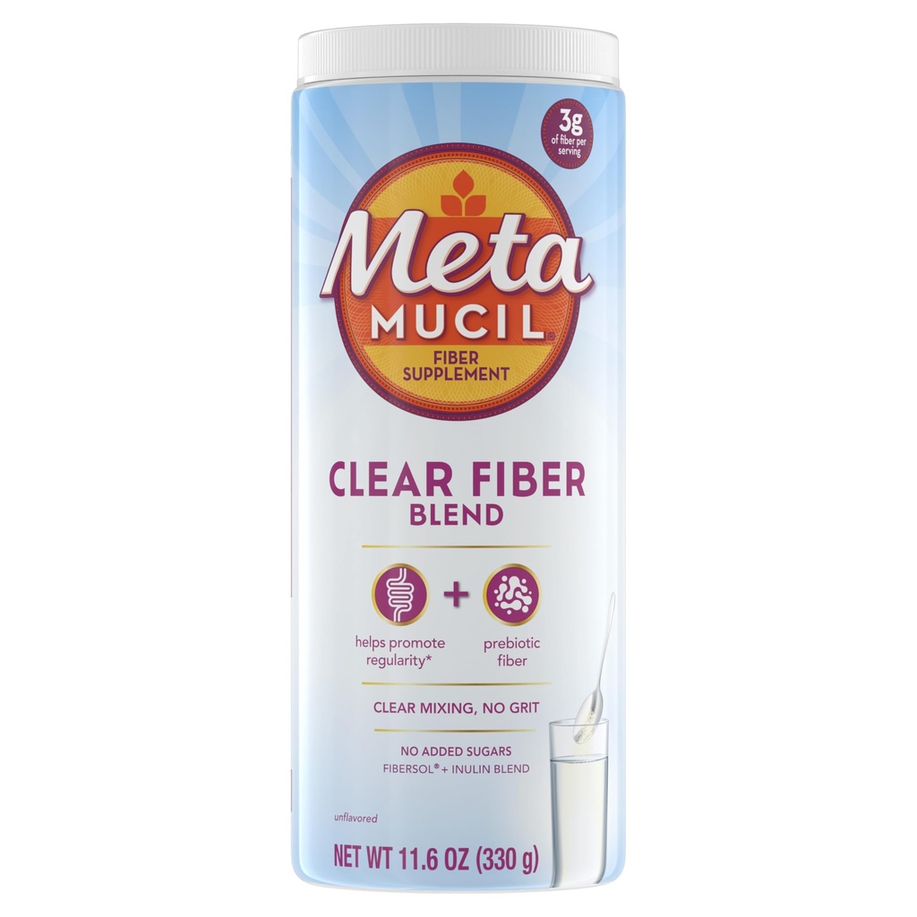 Suplemento de fibra de metamucil, Polvo de mezcla limpia sin sabor, sin rejilla, sin azúcar añadido, Suplemento de fibra prebiótica de base vegetal para la salud digestiva diaria, 75 cucharadas de té