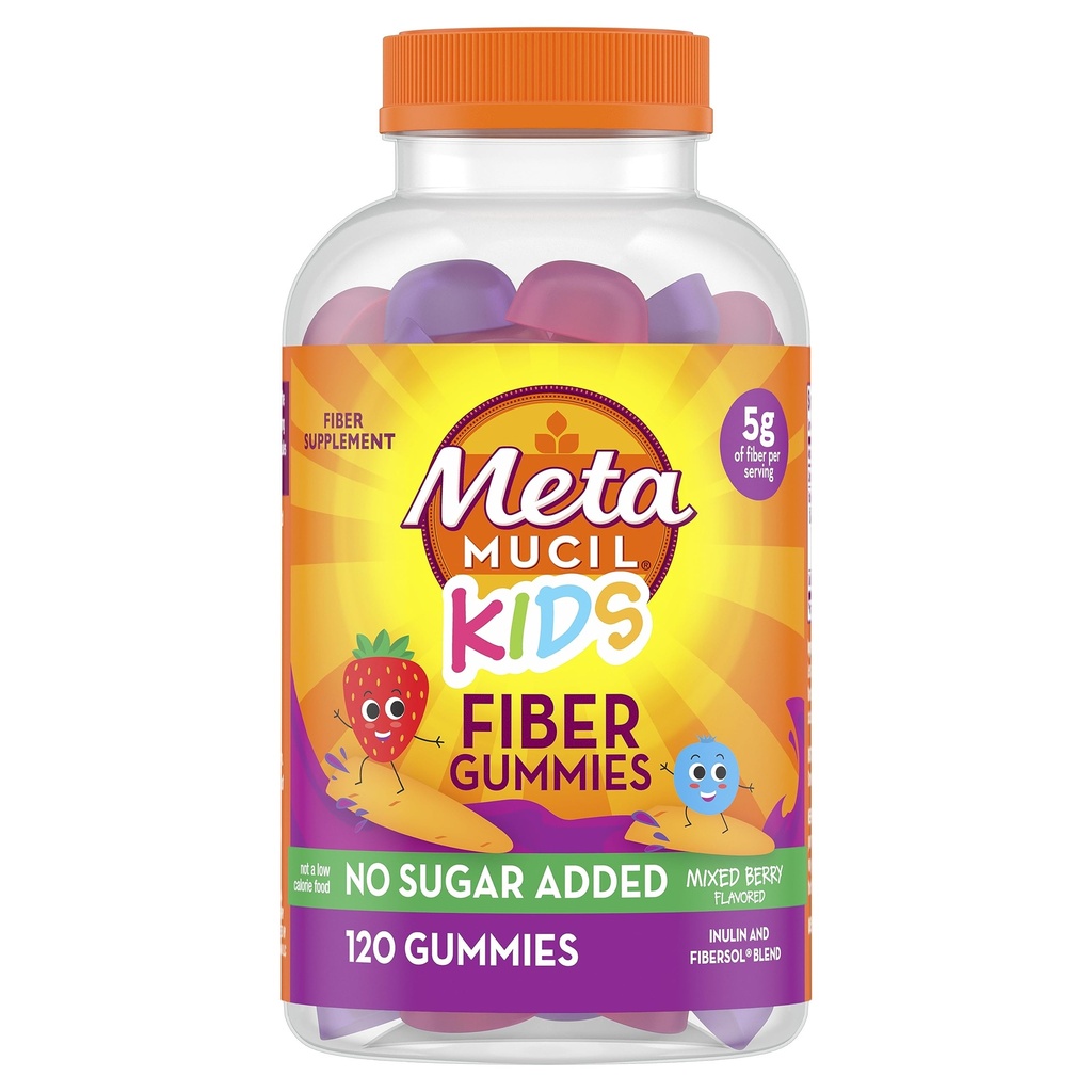 Gaviotas de fibra de los niños metamuciles, sin azúcar añadido, 5g Prebiótico de fibra de base vegetal Suplemento de lino, mezclado de baya saboreado, 120ct Gummies