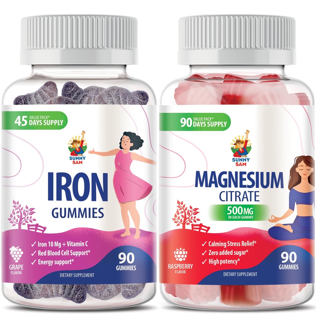 Magnesio Gummies 500mg & Iron Gummies para adultos - Vitaminas de hierro con vitamina C