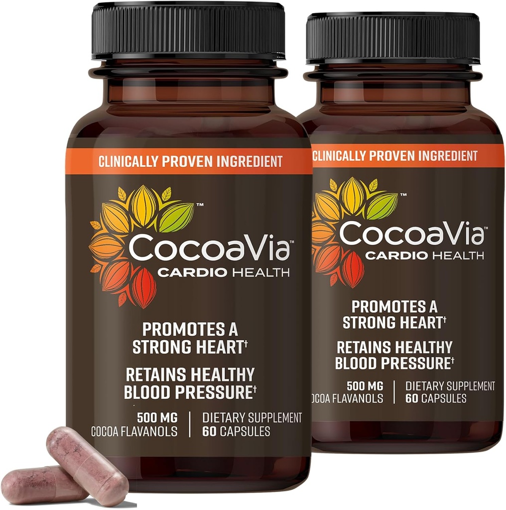 Cocoa Via Cardio Health Supplement, 60 Day, 500mg Cocoa Flavanols, Support Heart Health, Boost Nitric Oxide, Blood Circulation, Energy, Vegan, Dark Chocolate, 120 cápsulas