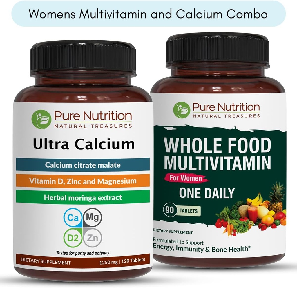 Nutrición pura Ultra Calcio 1000mg y Alimentos completos Mujeres Multivitaminas 1500mg para huesos saludables, articulaciones y bienestar general. Ultra Calcio 120 Tabs + Mujeres Multivitaminas 90 Tabs.