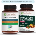 Nutrición pura Ultra Calcio 1000mg y Alimentos completos Mujeres Multivitaminas 1500mg para huesos saludables, articulaciones y bienestar general. Ultra Calcio 120 Tabs + Mujeres Multivitaminas 90 Tabs.