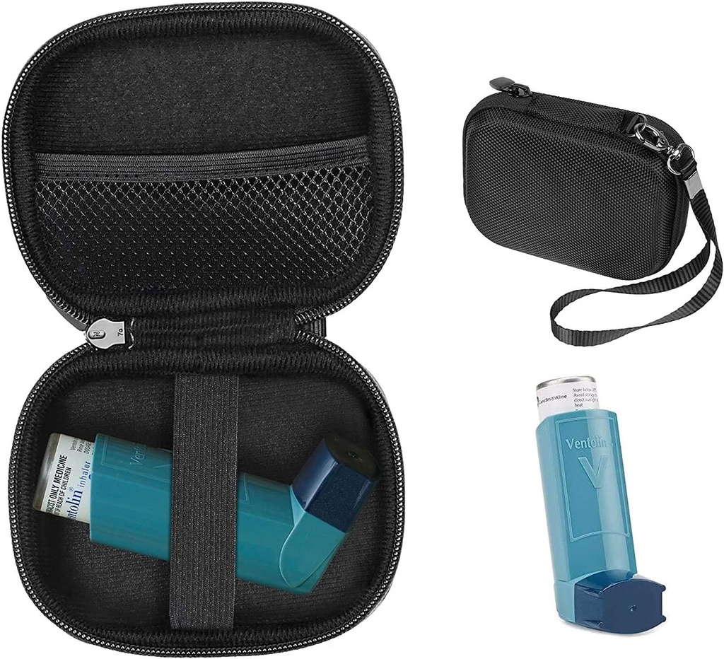 CaseSack Asthma Inhaler Holder case, Compacto y robusto caso para Inhalador Handy para Adultos y Niños, con Habitaciones para Píldoras y Otros Esenciales (Negro)