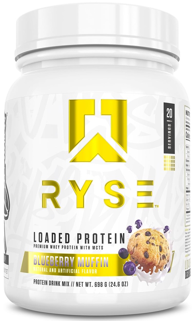 Polvo de proteína cargada RYSE - Muffin de arándanos - 25g Whey Protein Isolate " Concentrate with Prebiotic Fiber " MCTs - Low Carb, Low Sugar, Digestive-Friendly - 20 Servings / 1.5 lb Tub