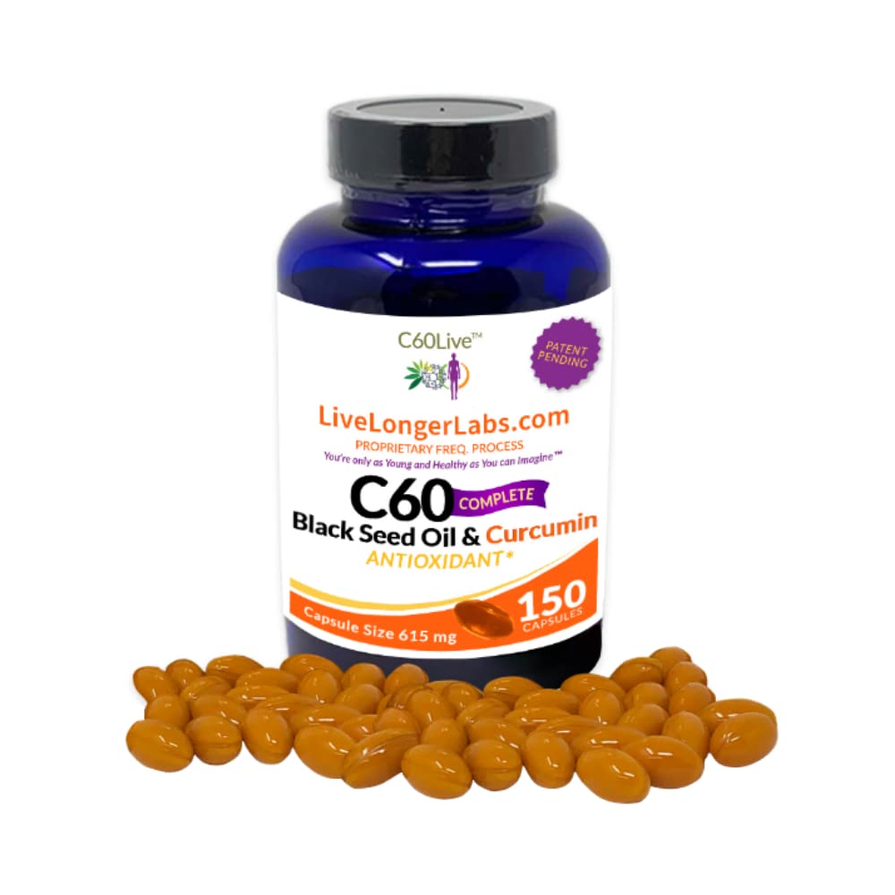 C60 Complete - Carbon 60 (Fullerene) con aceite de semilla negra " Curcumina - Suplemento antioxidante - para la longevidad " Función cognitiva - Todos Natural - 150 Gel cápsulas