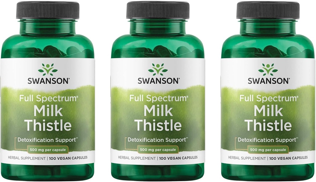 Swanson Milk Thistle - Herbal Liver Support Supplement - Natural Formula Helping to Maintain Global Health & Wellbeing - (100 cápsulas, 500 mg cada uno) 3 Pack
