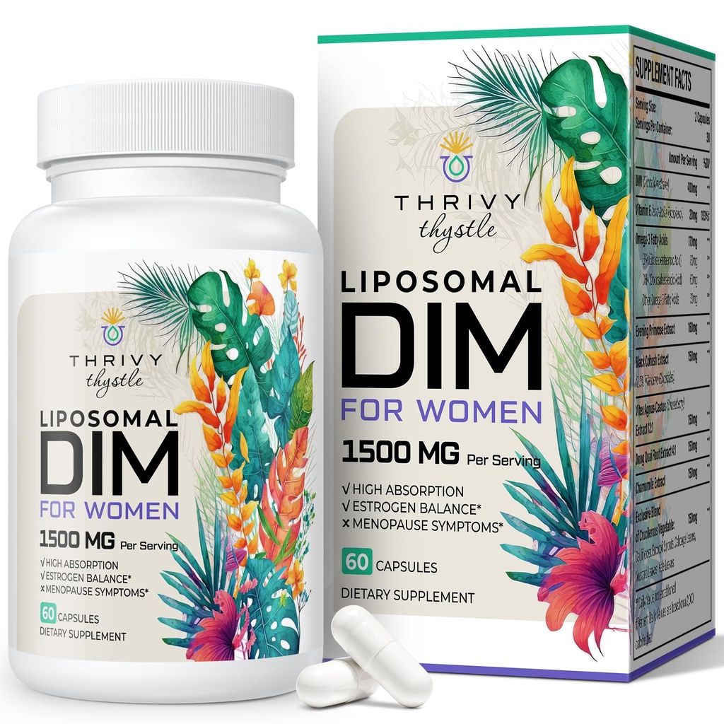 Suplemento Liposomal DIM - 1500 mg Suplemento de DIM de mujeres - Suplementos de estrógeno Contiene vitamina E, Primrose de noche, Cohosh negro, ácidos grasos Omega-3