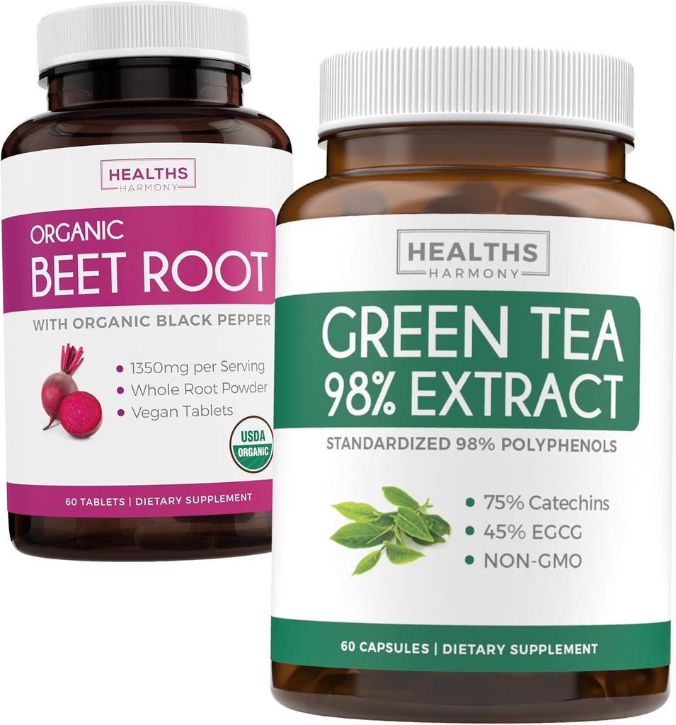 Gorra de remolacha " Extracto de té verde (1-Mes) Detox Power Duo - Orgánica de remolacha con cobre negro para absorción 1250mg (60 Tablets) " Green Tea Extract 98% con EGCG 1000mg por servicio (60 caps)
