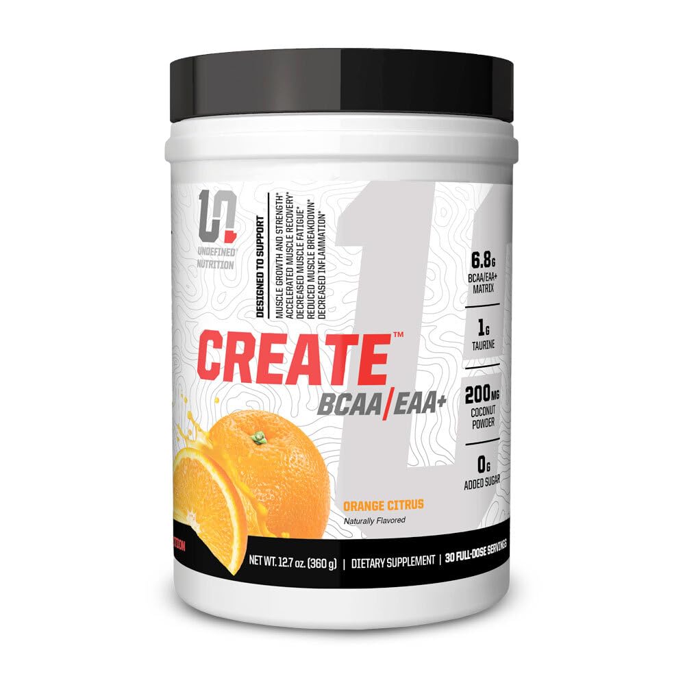 Nutrición indefinida Crear BCAA/EAA+ por Brian Shaw -Recuperación muscular & resistencia, 6.8g BCAA/EAA Matrix -Full Spectrum BCAA + Aminoácidos esenciales Suplemento – 30 Servimientos (127 oz, Orange Citrus)