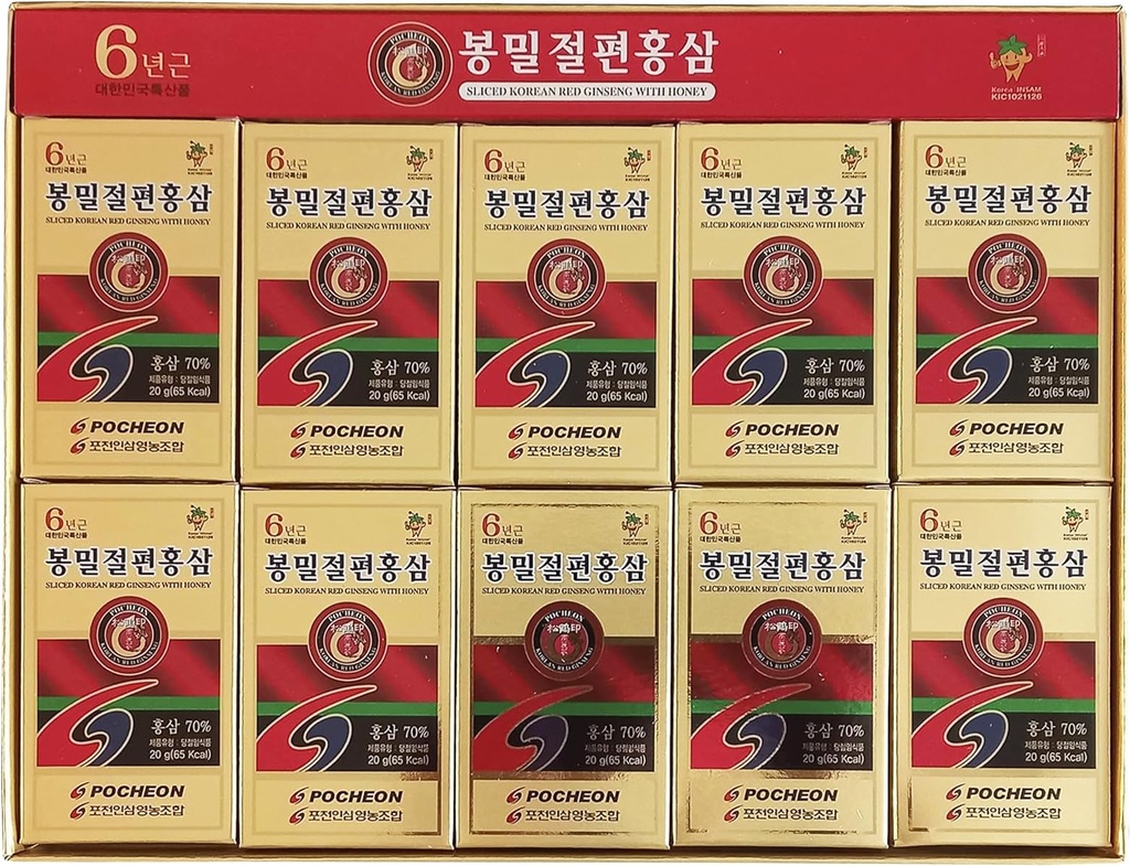 Pocheon 200g(10ea X 20g) 6AÑOS Sliced Korean Panax Red Ginseng Roots with Honey, Saponin, Natural Immune Support