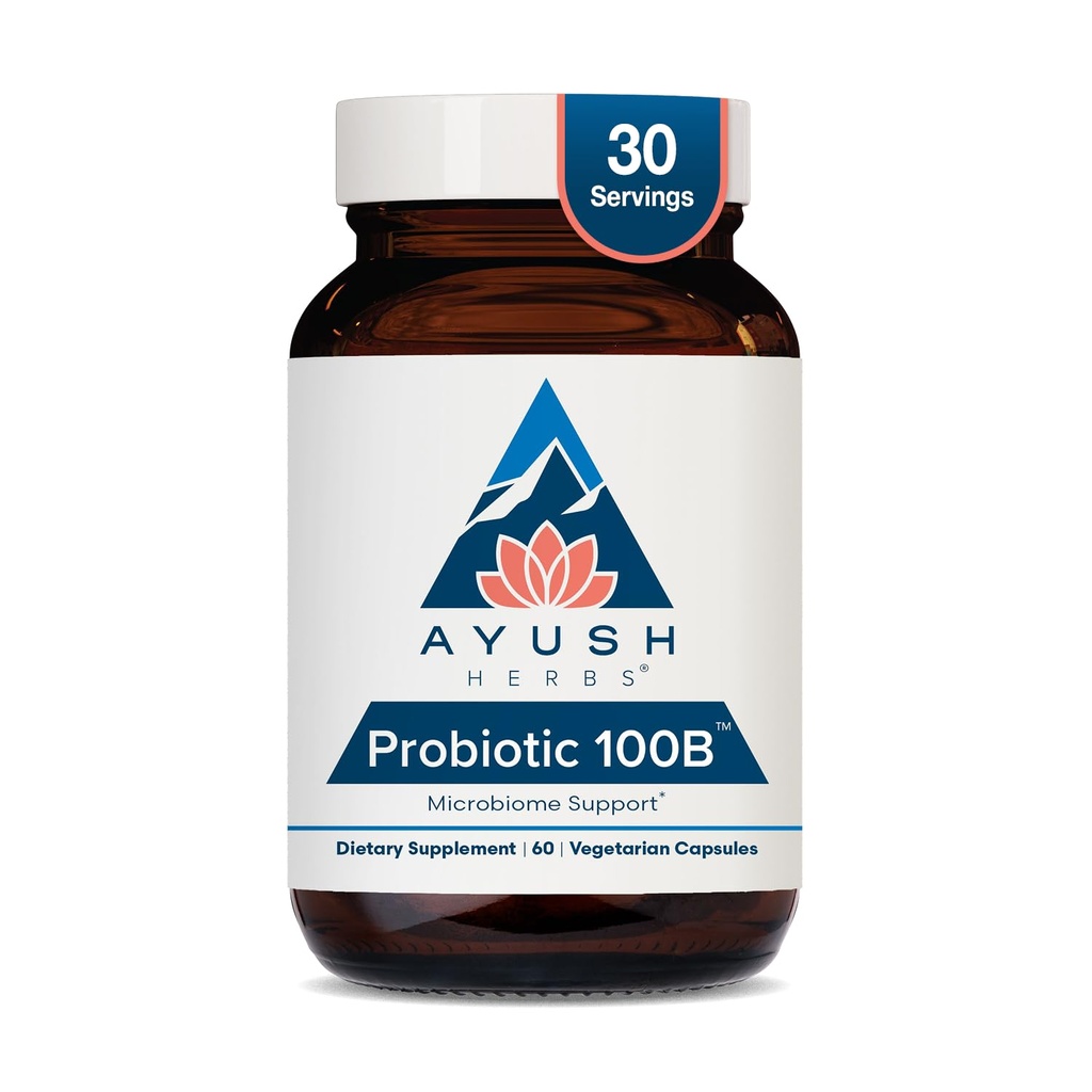 Ayush Herbs Probiótico 100B - Probióticos para Mujeres, Probióticos para Hombres, Prebióticos y Probióticos para Salud Digestiva, Gas Relief, Gut Microbiome Balance - 60 cápsulas vegetarianas (1 Conde)