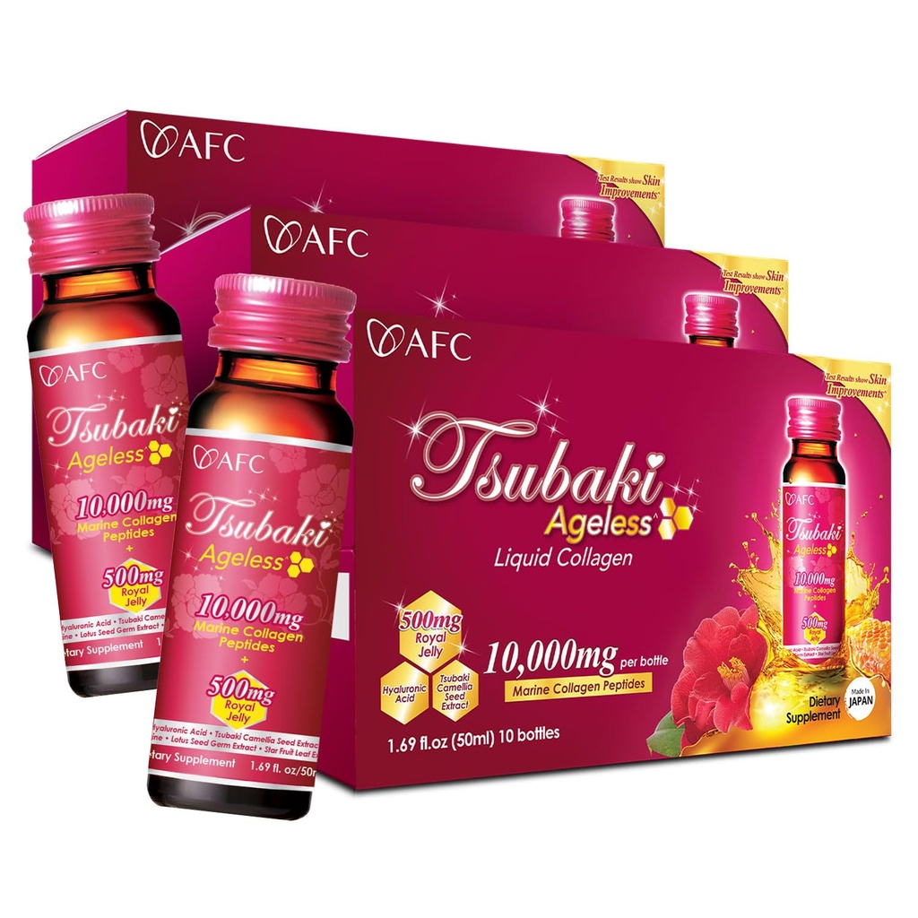 AFC Japón Tsubaki Bebida de belleza sin edad de Japón con 10.000 mg de péptidos de colágeno marino + 500 mg de jalea real + ácido hialurónico + vitamina B &amp; C para la revitalización de la piel 1.69fl.ozx10sx3