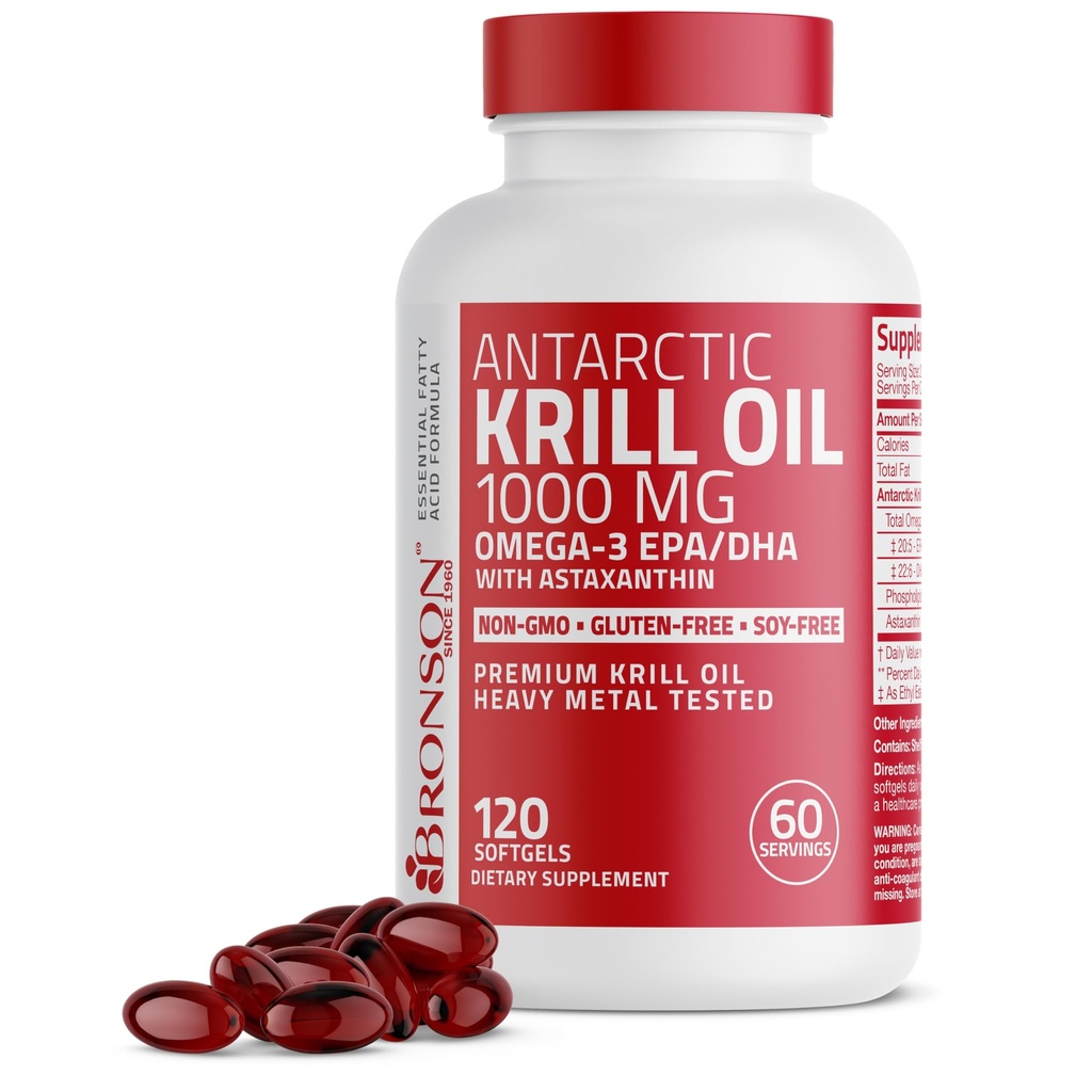Bronson Antártico Krill Oil 1000 mg con Omega-3 EPA, DHA, Astaxanthin y fosfolípidos 120 Softgels