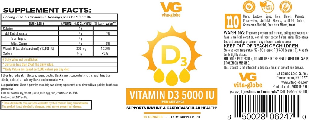 VITA GLOBE Vitamina D3 10,000IU 250mcg con Zinc y Echinacea Gummy - Apoyos Sistema de Inmunidad Saludable, Huesos Fuertes, Dientes y Musculos, 120 Conde (Pack of 2)