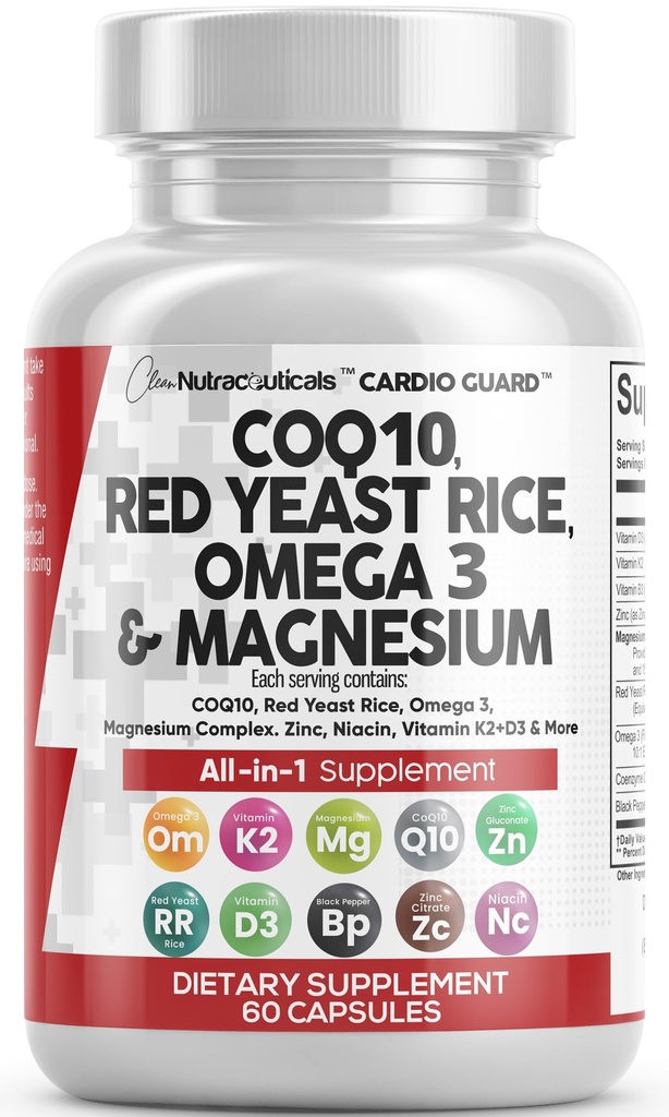 Nutracéuticos limpios COQ10 200mg Rice de levadura roja Omega 3 Complejo de magnesio 500mg Niacina Zinc Vitamina K2 D3 - Apoyo al corazón Vitaminas para Mujeres y Hombres w/Vitamin B3, Coenzyme Q10-60 Ct