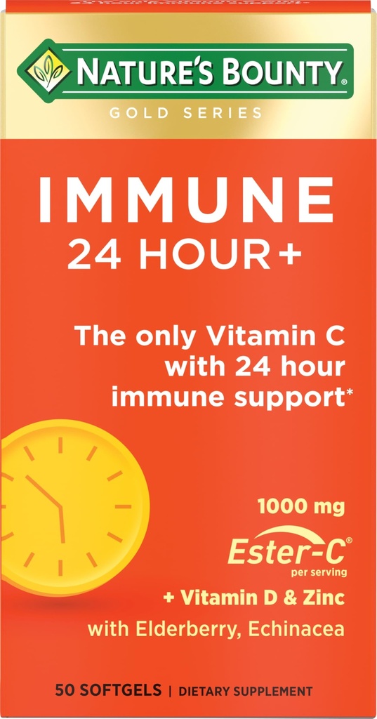 Bounty Immune 24 horas +, La única vitamina C con 24 horas Immune Soporte de Ester-C, 1000 mg Vitamina C, D & Zinc, Gluten Gratis, Rapid Release Softgels, 2 Softgels por día, 50 Cuenta