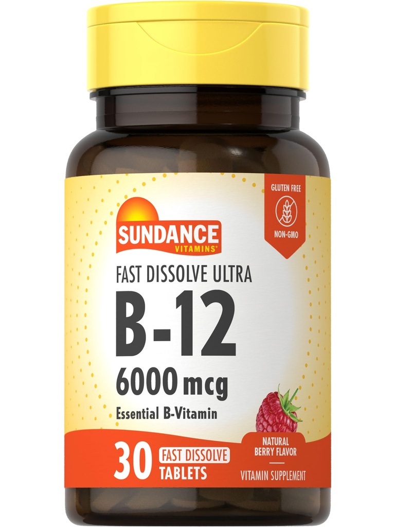 Sundance Fast Dissolve Vitamina B-12 ← 6000mcg ← 30 Tablets ¦ Natural Berry Flavor ← Vegetariano, No-GMO, y Gluten Free Supplement
