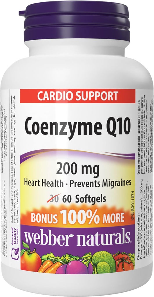 Webber Naturals Coenzyme Q10 (CoQ10) 200 mg, 60 Softgels, Suplemento Antioxidante de alta potencia, para la salud cardíaca y la producción de energía celular, 60 Day Supply, Gluten Free